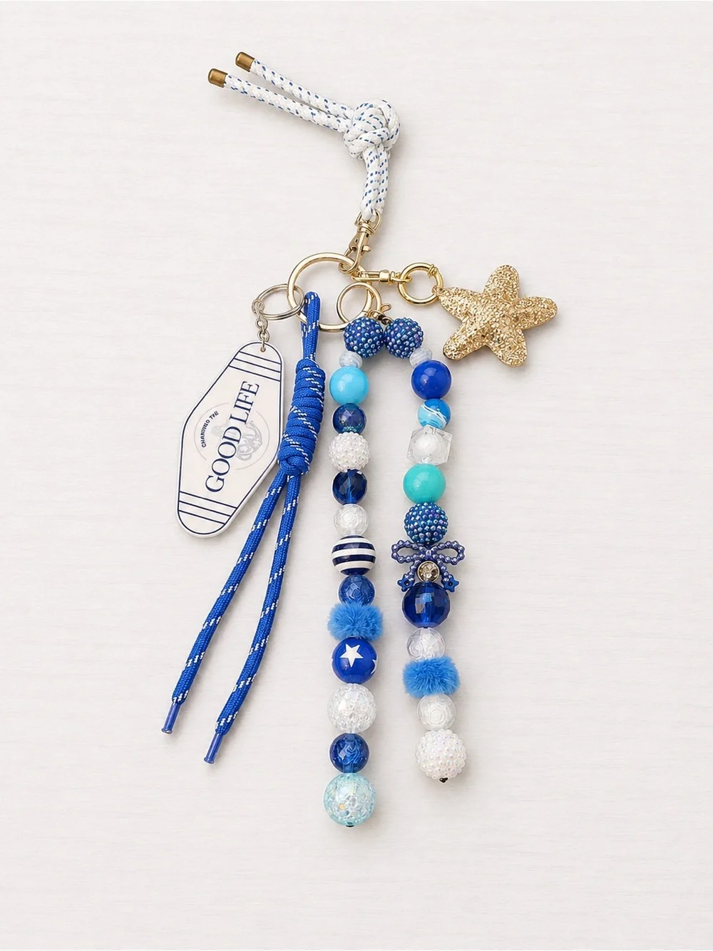 Nautical Beaded Keychain “Good Life” Boat Tag Blue Coastal Charm Glitter Bow
